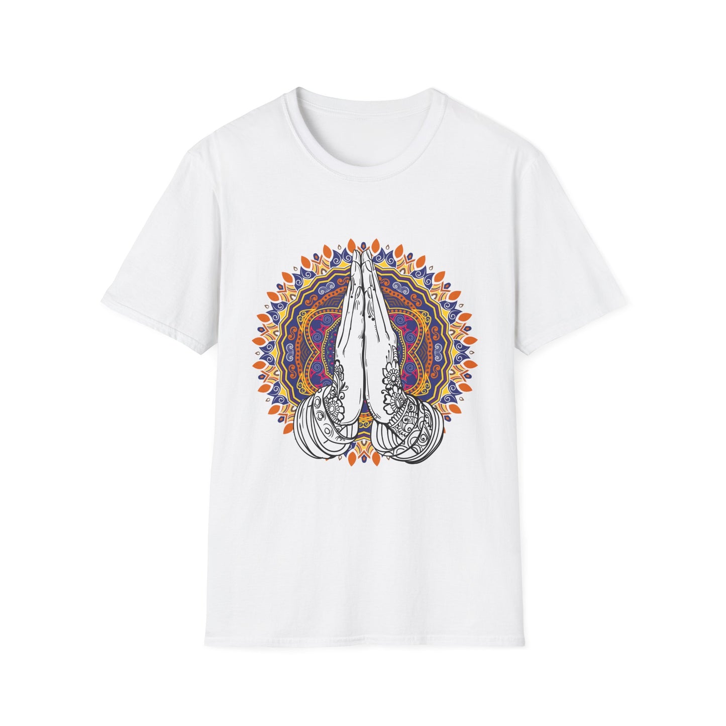 White t-shirt with a colorful design of praying hands on a white background