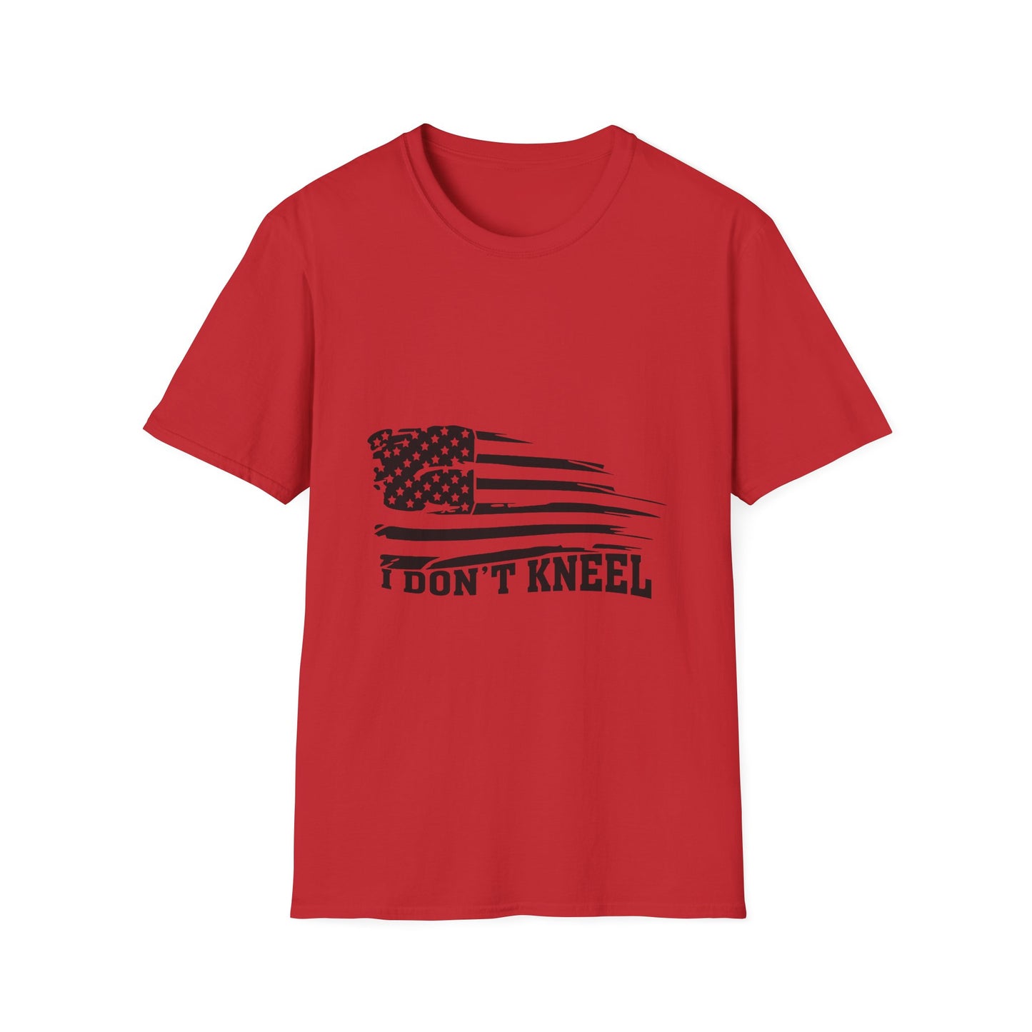 A gray unisex softstyle t-shirt with a crew neckline, featuring a design that includes an American flag and the text 'I DON'T KNEEL'.