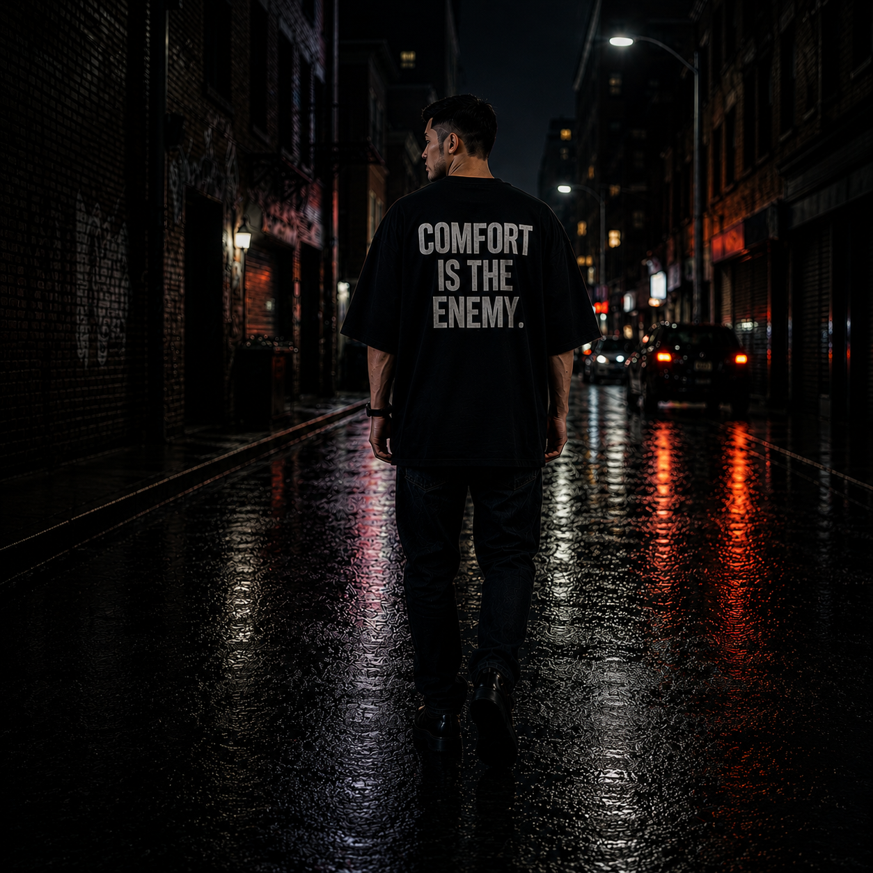 Person wearing a black t-shirt with 'COMFORT IS THE ENEMY' text on a dark city street.