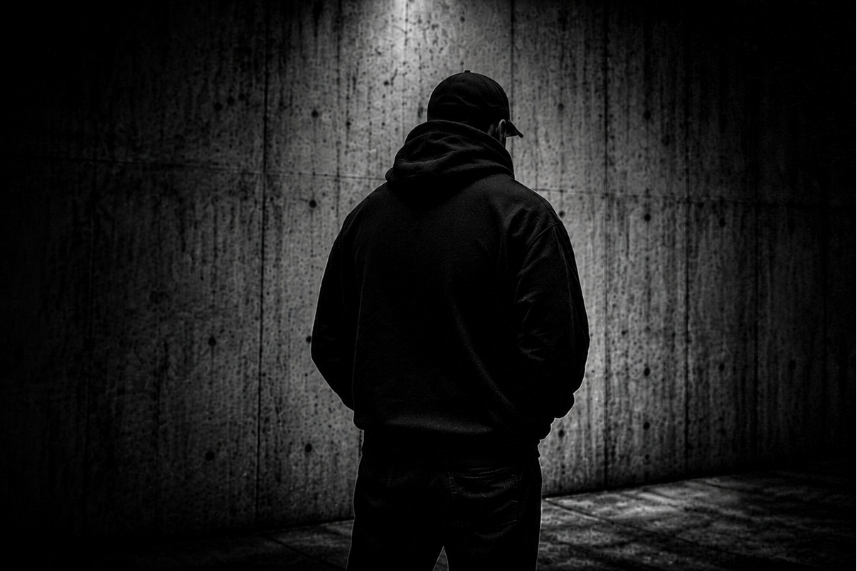 Person in dark clothing standing in a dimly lit room with concrete walls.