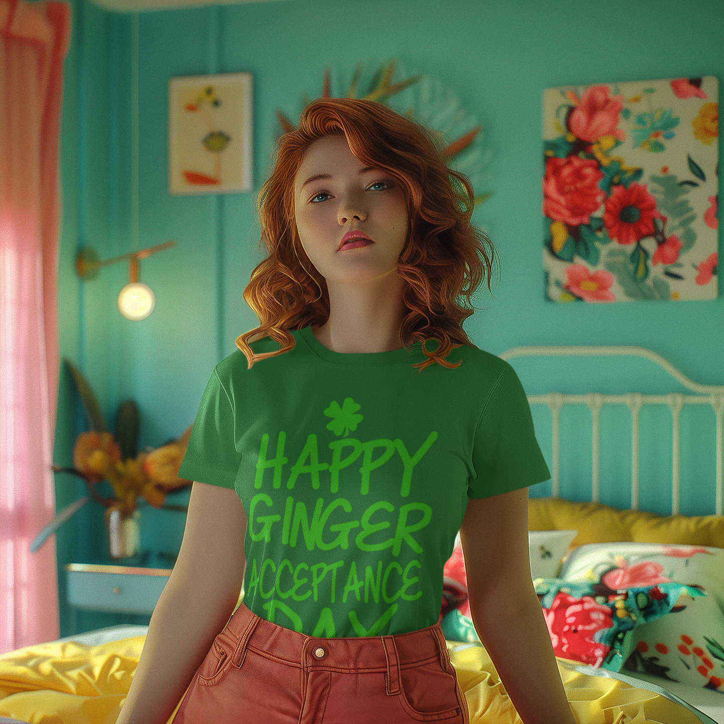 Woman wearing a green t-shirt with 'Happy Ginger Acceptance' text in a colorful room.