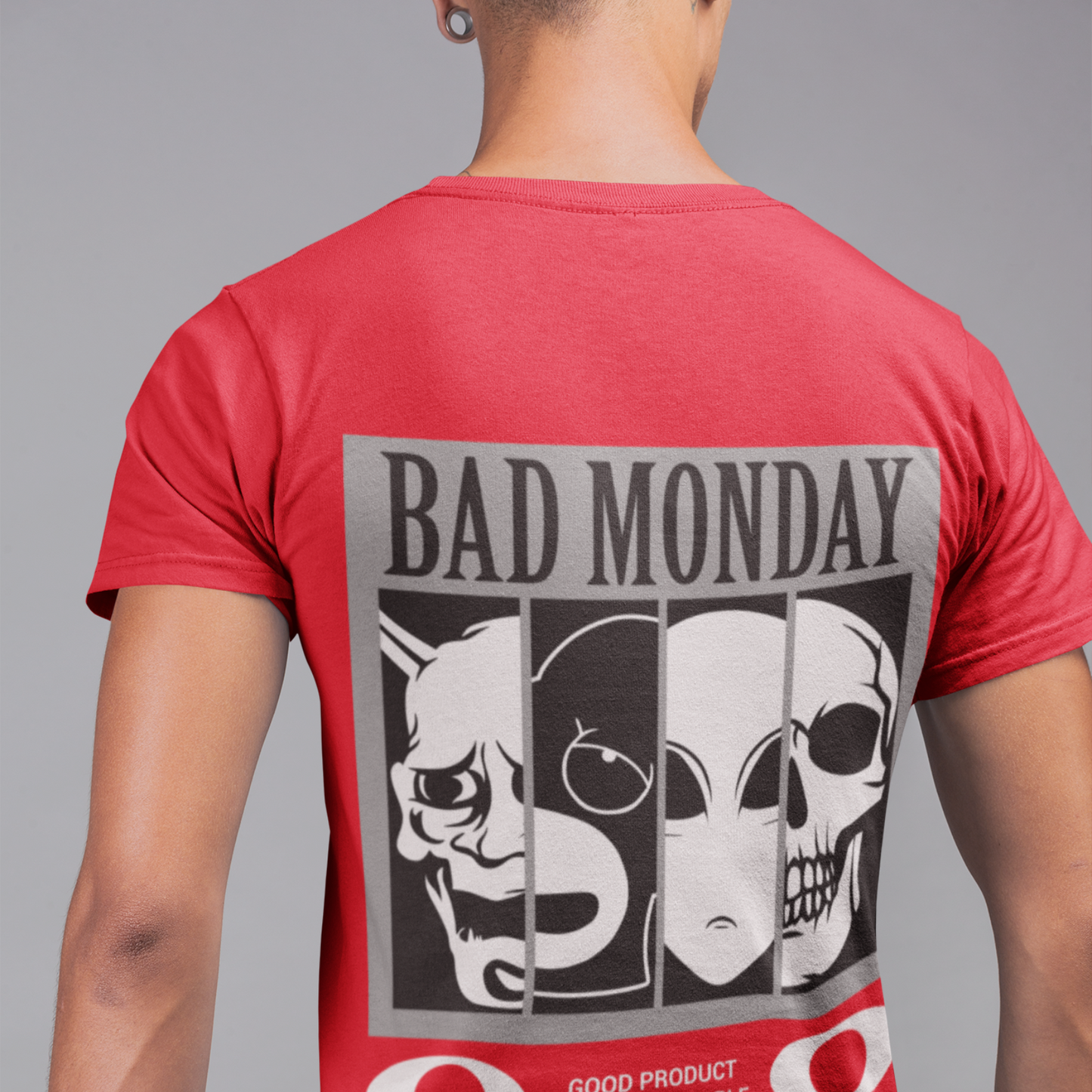 Red t-shirt with 'Bad Monday' graphic design on a gray background