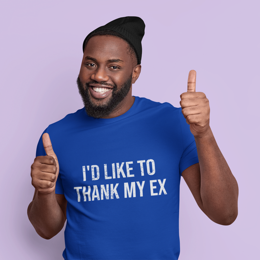 Man wearing a blue t-shirt with 'I'd like to thank my ex' text, giving a thumbs-up gesture against a light purple background.