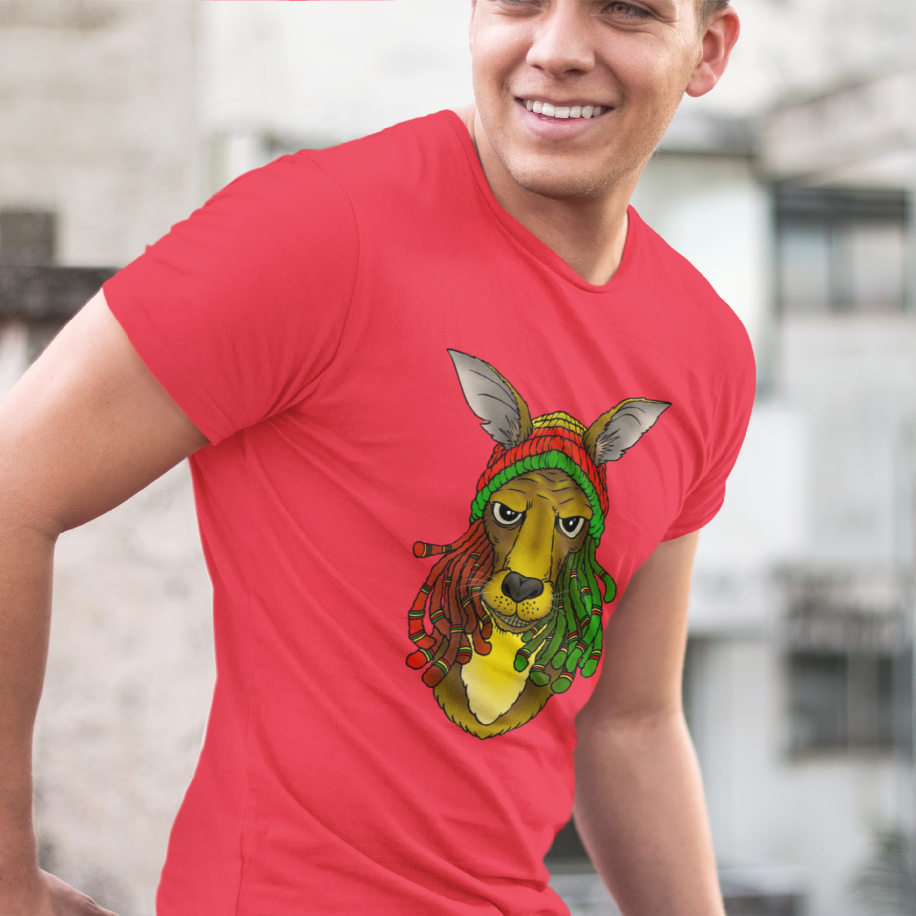 Man wearing a red t-shirt with a colorful graphic design of a deer wearing a bandana.